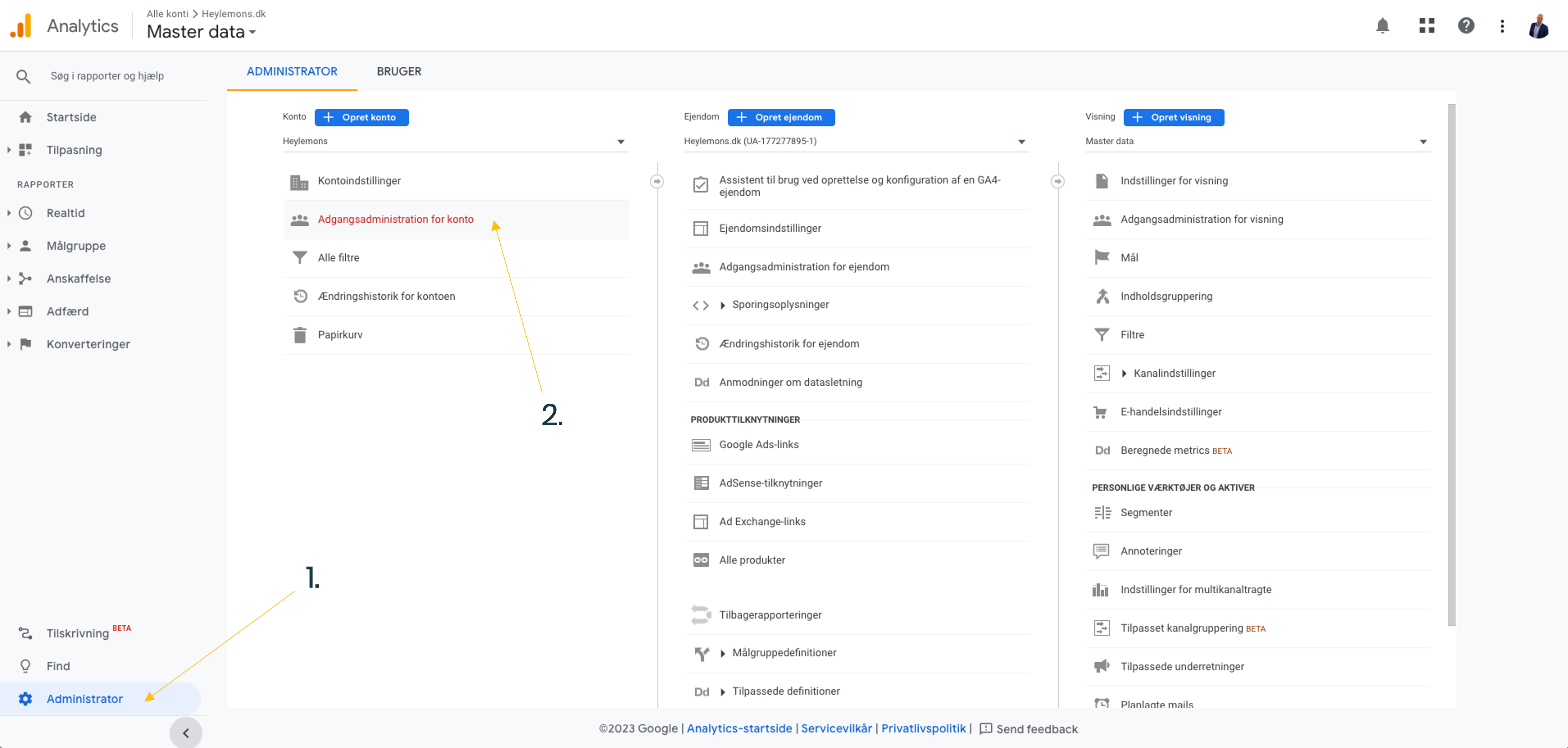Sådan vælger du brugeradministration I google analytics for din opsætning til lemonsanalytics matomo løsning