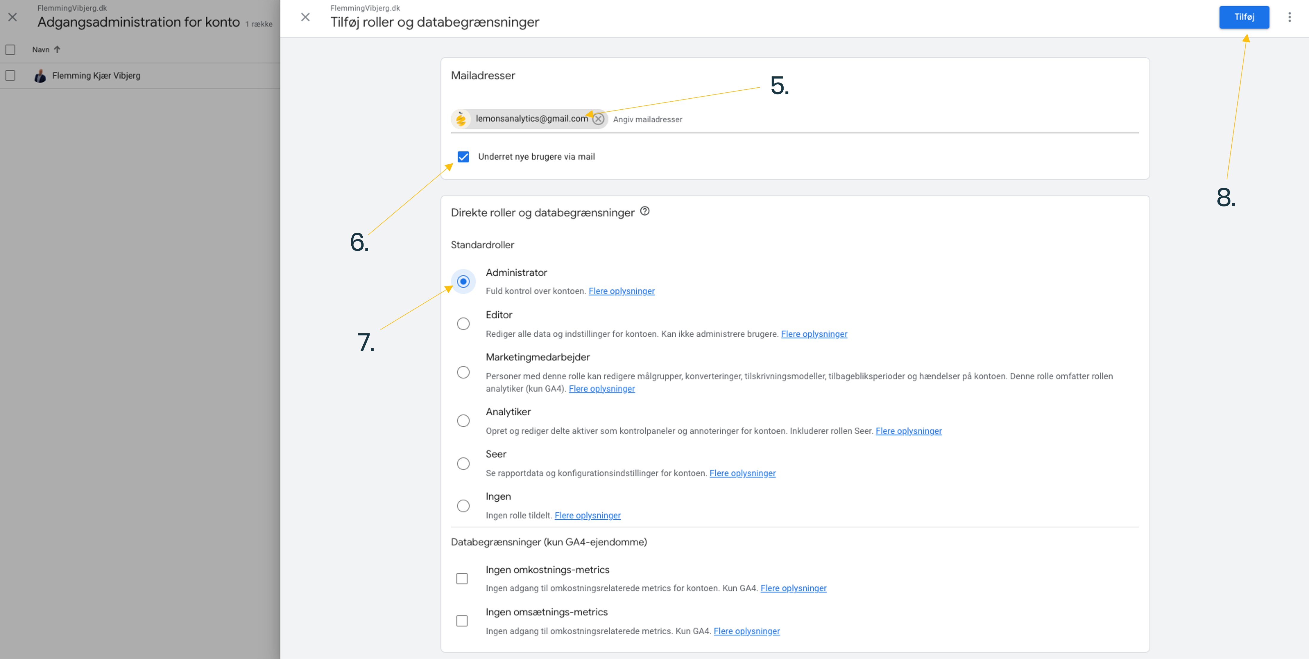 Sådan til føjer du tilladelser til din bruger i google analytics i forhold til lemonsanalytics matomo løsning
